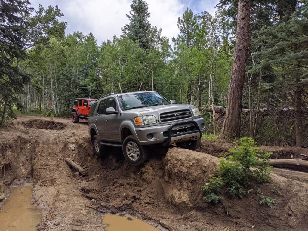 High-centered Toyota Sequoia in Gordon Gulch